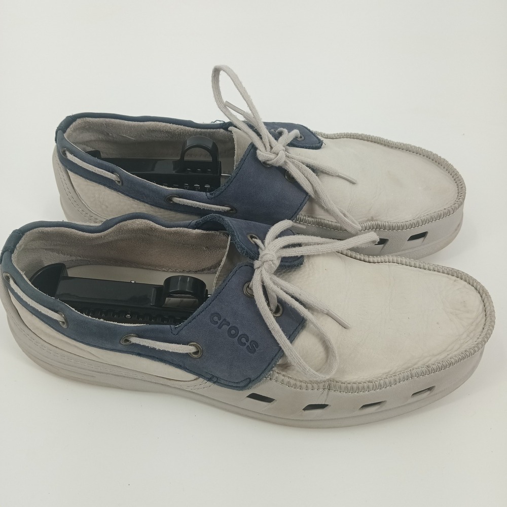 Crocs Beach Line Boat Shoes Mens 11 Grey Navy Leather Loafers 14327